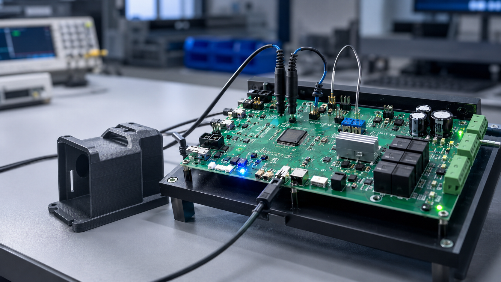 Elektronikprototyp auf Prüfadapter mit Messaufbau in der Entwicklung