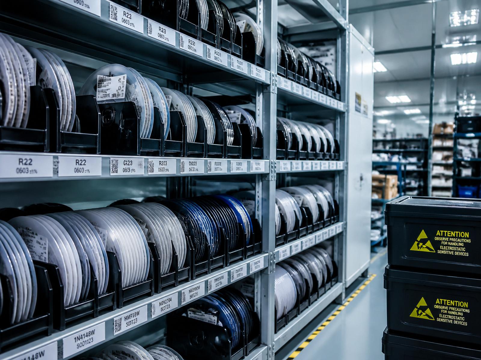 Materiallager mit beschrifteten Bauteilrollen und ESD-Behältern bei AL Industrieelektronik