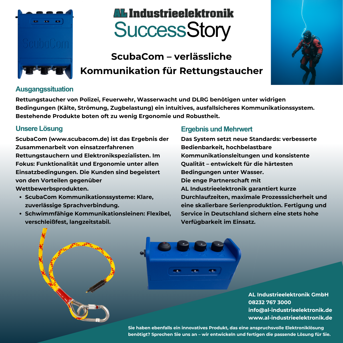 Success Story ScubaCom: Kommunikationssystem und Kommunikationsleine für Rettungstaucher