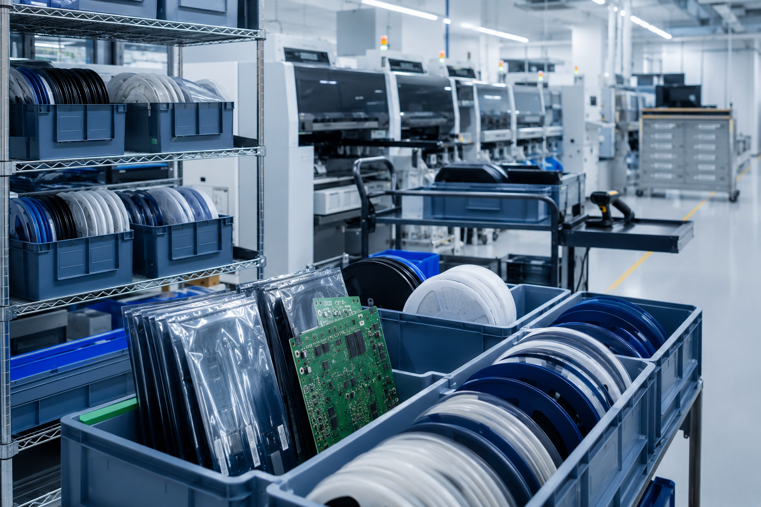 SMT-Fertigungslinie mit bestückten Leiterplatten und bereitgestellten Bauteilrollen im Logistikbereich von AL Industrieelektronik