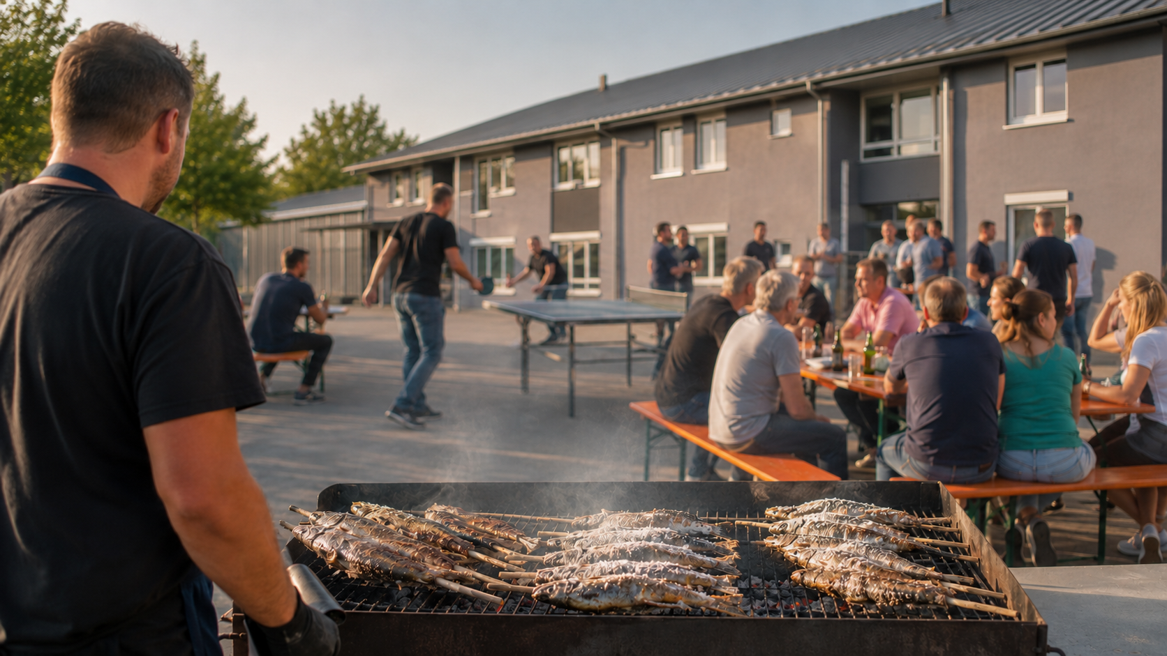 AL-Betriebsfamilie beim Sommerfest mit Grillen, Tischtennis und Gesprächen vor dem Firmengebäude