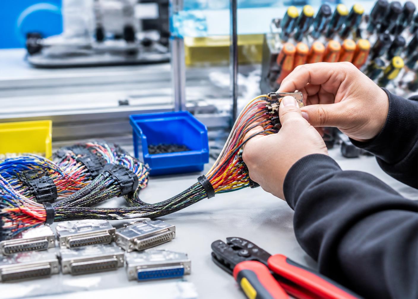 Konfektionierung eines Kabelbaums mit Steckverbindern am Arbeitsplatz
