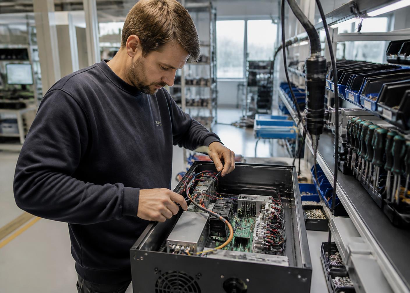 Endmontage eines kompletten Elektronikgeräts in der Fertigung